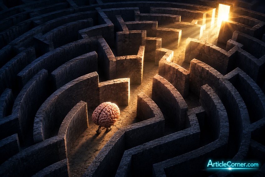 A brain inside a labyrinth is searching for a way to break free from addiction. articlecorner.com