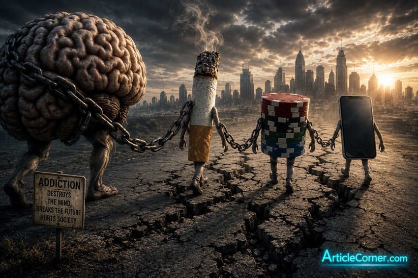 An image depicting addiction to smoking, gambling, and phones, brought to you by ArticleCorner