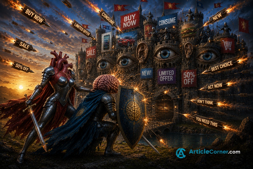 An illustration created by ArticleCorner depicting the perception of heart and brain advertising, featuring a knightly persona.