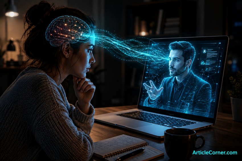 A woman using a laptop as a male AI appears on the screen and digital signals influence her brain-articlecorner.com
