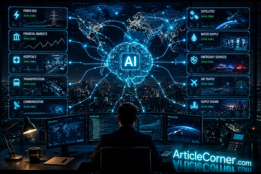 Could artificial intelligence destroy humanity? Futuristic AI control room overseeing global infrastructure with the glowing ArticleCorner.com logo.