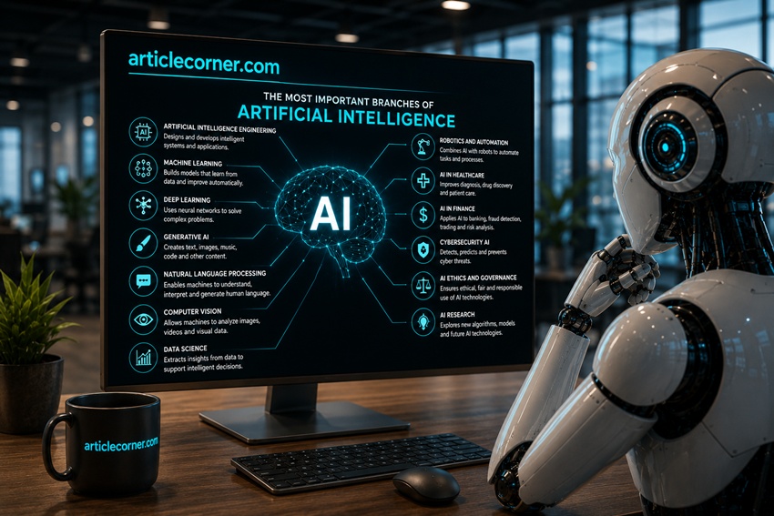 Article Corner published an article introducing AI-focused professions. Major Artificial Intelligence Branches.Promotional image for AI-focused professions. Creator: ArticleCorner