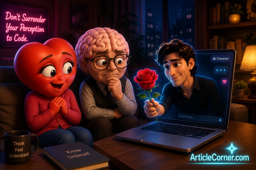 ArticleCorner: A 3D animated image of a heart and brain watching an AI character extending a red rose via a laptop.