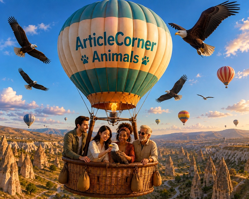 ArticleCorner Animals team riding a hot air balloon over Cappadocia with eagles-articlecorner.com