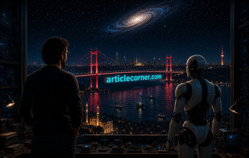 Futuristic digital artwork of a human and an AI robot overlooking the Istanbul Bosphorus at night beneath a glowing spiral galaxy, with a red illuminated Bosphorus Bridge displaying a turquoise ArticleCorner.com banner, symbolizing artificial intelligence, innovation, and the future of human collaboration.