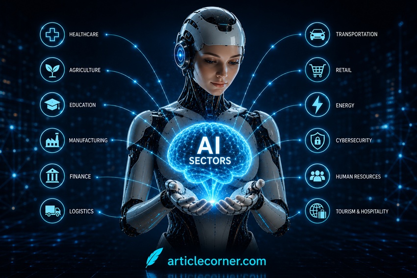 Female AI robot holding a glowing brain labeled AI Sectors, representing artificial intelligence across healthcare, education, finance, agriculture, logistics, and technology for ArticleCorner.com