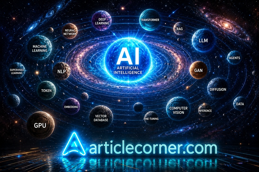 Artificial Intelligence glossary illustration featuring AI, machine learning, LLM, NLP, deep learning, neural networks and glowing ArticleCorner.com logo