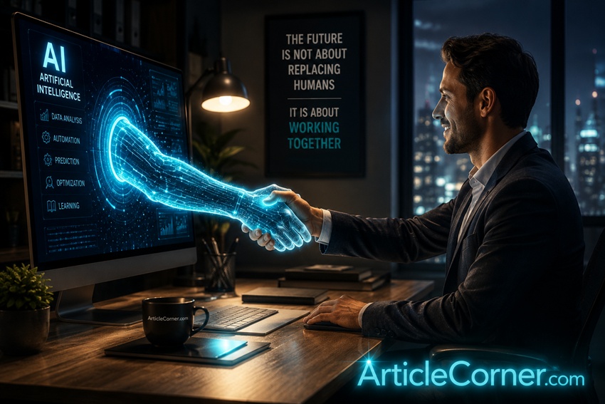 An ArticleCorner design depicting human-AI collaboration in the workplace: a business professional shaking hands with a glowing AI hand extending from a computer screen.