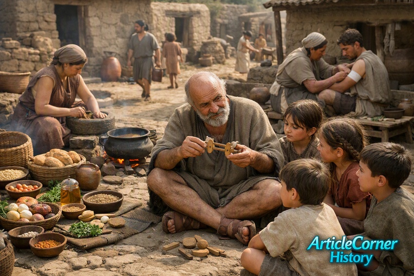Photorealistic 3D historical scene of ancient education, food preparation, and healthcare in a peaceful village courtyard. An elder teaches children with handmade tools, a woman cooks grain and vegetables near a clay fire, and a healer treats an injured villager using herbs and cloth. Authentic ancient settlement with stone and mud-brick houses, baskets, fruits, bread, and natural materials under warm daylight. ArticleCorner History turquoise logo in lower right corner.