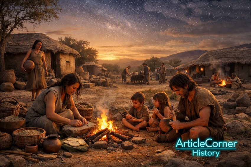 A highly realistic 3D depiction of early human life in an ancient settlement at sunset, showing a family gathered around a fire, villagers carrying water, tending animals, and repairing homes. The earthy environment, natural-fiber clothing, and handmade tools reflect humanity’s deep connection to nature, with the turquoise ArticleCorner History logo in the lower right corner-articlecorner.com.