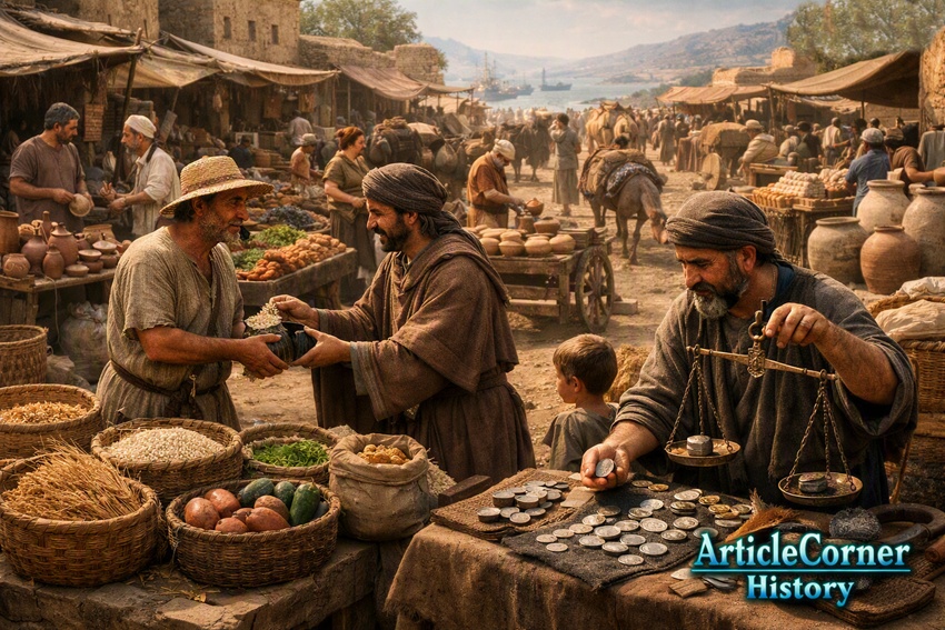 Highly realistic 3D cinematic scene of an ancient marketplace showing barter and early coin trade — farmers exchanging grain, merchants weighing metal coins, craftsmen selling pottery and fabrics, pack animals and carts in a lively historical setting under warm sunlight — ArticleCorner History logo in turquoise lower‑right corner.