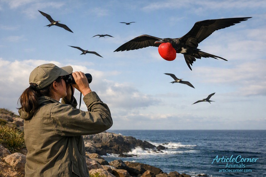 ArticleCorner Animals wildlife documentary scene: Canan, female nature activist and bird watcher, observing frigatebirds on rocky ocean coast; male frigatebird with bright red throat pouch in authentic wildlife photography, articlecorner.com.