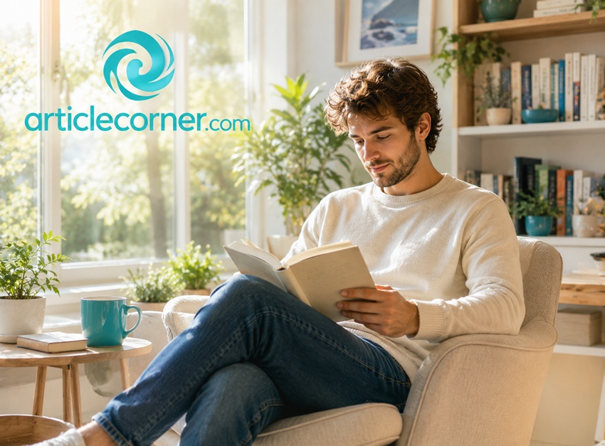Image of a man reading articles and stories. articlecorner