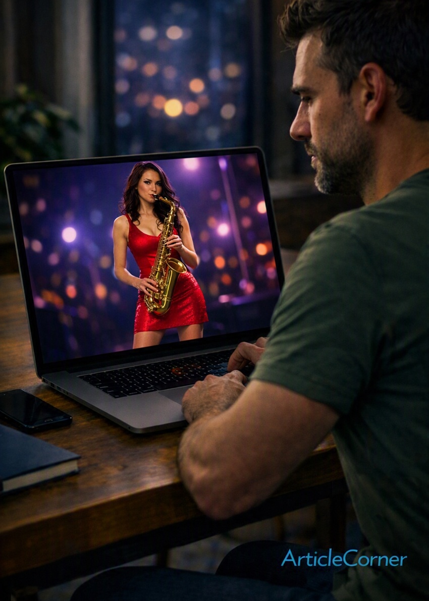 T-shirted man watching an AI music video on his laptop featuring a seductive saxophone player and other female musicians, with turquoise ArticleCorner logo visible.