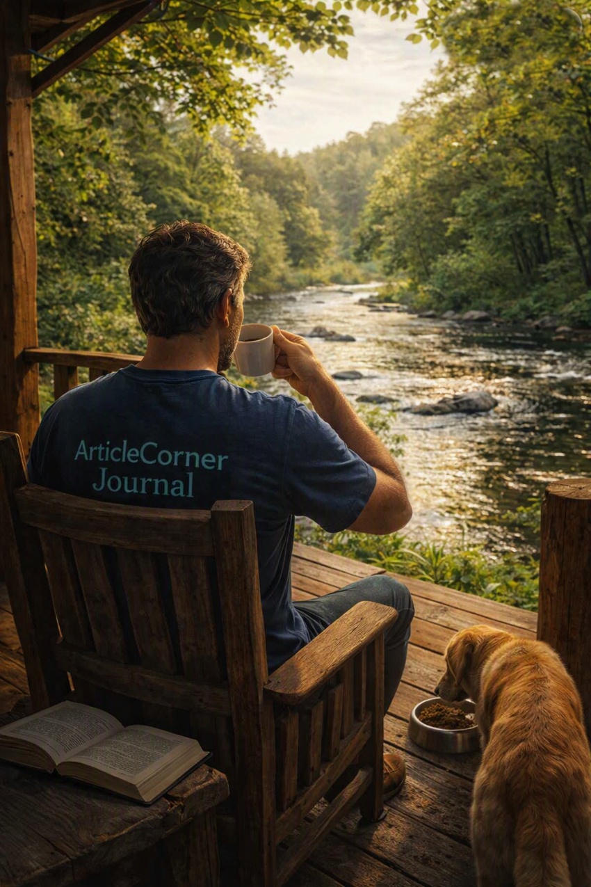 A writer sits on the porch of a riverside cabin, wearing a navy “ArticleCorner Journal” T‑shirt. Coffee in hand, he watches the river drift through spring light while his golden retriever eats nearby. An open book rests beside him — a quiet companion to his thoughts, as nature hums like a sentence still being written.