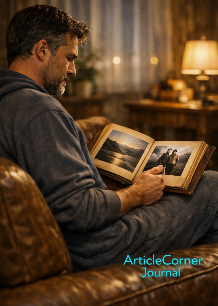 A man in gray sweatpants sits on a leather couch, viewed from the side, looking through an old photo album under warm light. His face is partly hidden, creating a mysterious mood. A turquoise “ArticleCorner Journal” logo glows in the lower right corner.