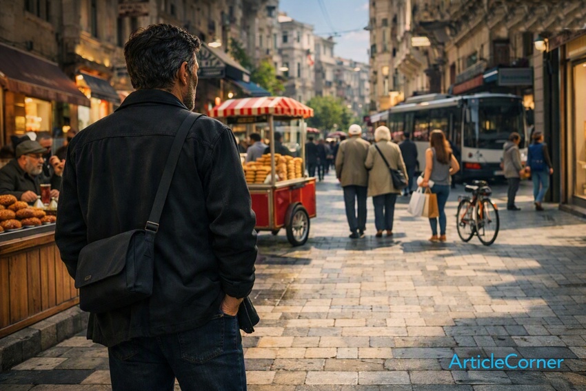 writer walking through a bright Istanbul street during daytime, observing people at a bakery and restaurant while experiencing a day without money. ArticleCorner Journal