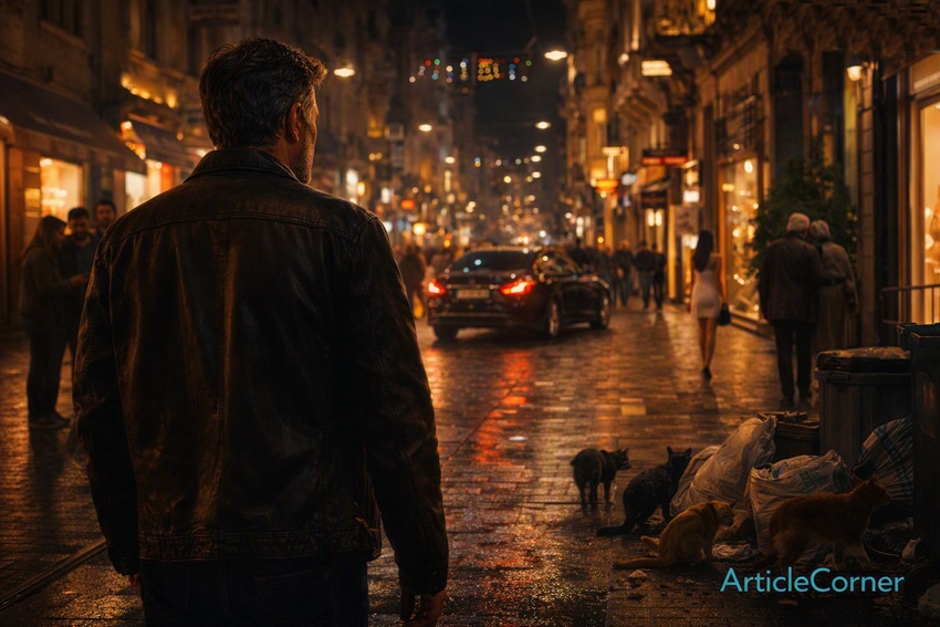 ArticleCorner Journal writer walking through Istiklal Avenue at night, observing a street guitarist performing while three listeners stand nearby under warm Istanbul lights. ArticleCorner Journal