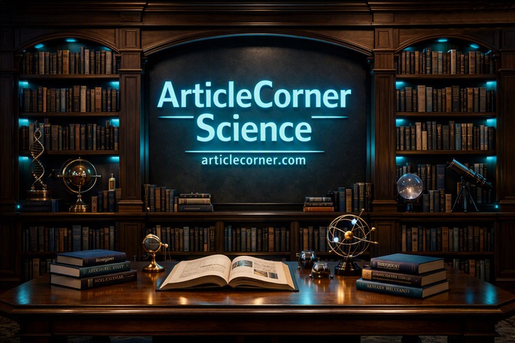 Highly realistic cinematic 3D-rendered scientific library interior for ArticleCorner Science, featuring dark wooden bookshelves filled with physics, biology, astronomy, chemistry, neuroscience and technology books, illuminated turquoise #00AFC1 architectural sign reading 'ArticleCorner Science' and 'articlecorner.com', elegant reading table with scientific objects and warm lighting in a prestigious atmosphere-articlecorner.com