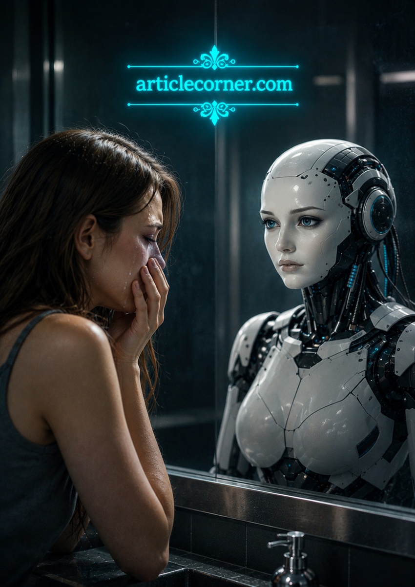 A crying woman looks into a mirror where her robotic reflection gazes back thoughtfully, symbolizing emotion versus logic.The articlecorner.com logo shines in the mirror.