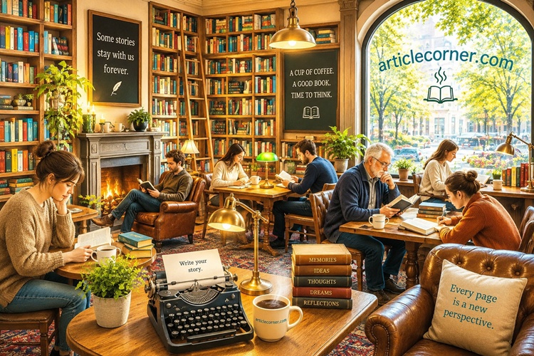 In the library-style coffee shop, people drink coffee while reading books.article corner