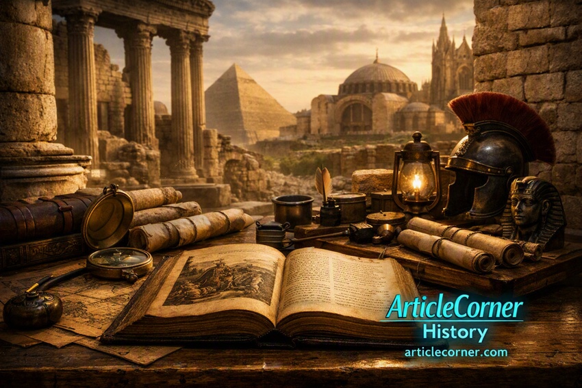 Cinematic 3D historical scene showing an ancient open book, parchment scrolls, bronze compass, and antique artifacts on a wooden table before monumental stone columns and pyramids, illuminated by warm sunlight; ArticleCorner History turquoise logo glowing in the lower right-articlecorner.com