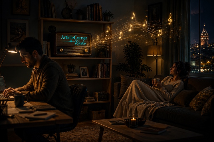 Turkish Art Music on ArticleCorner Radio, a man working in a dimly lit room and a woman relaxing on the sofa-article corner radio-articlecorner.com