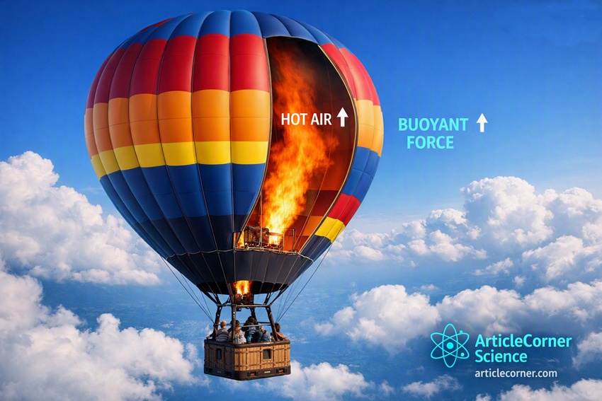Articlecorner Science: Hot air balloon showing buoyant force and hot air arrows-articlecorner.com