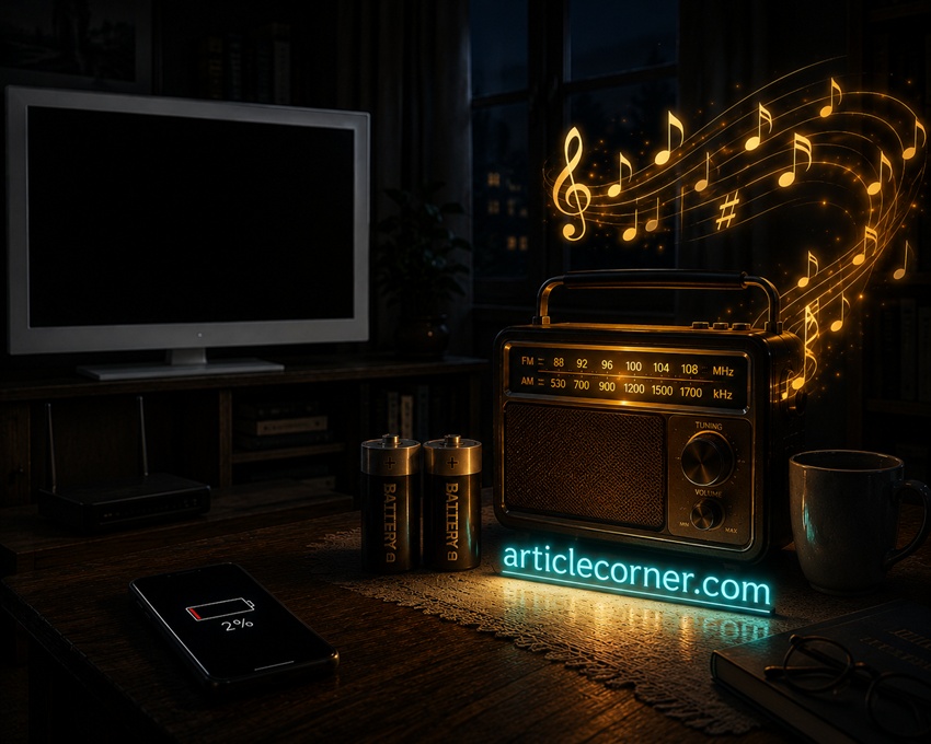 Vintage battery powered radio playing during a power outage with batteries beside it in a dark living room | ArticleCorner.com