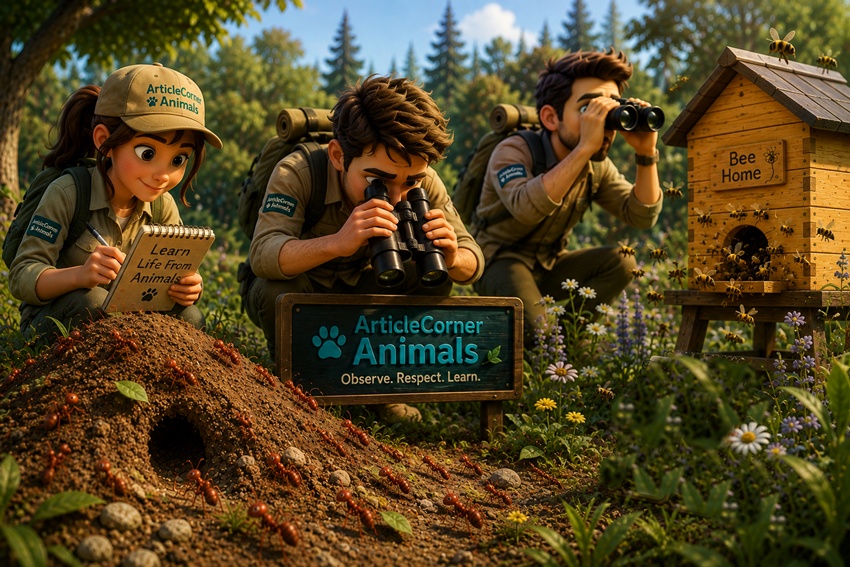 ArticleCorner Animals team observing an ant colony and beehive while learning life lessons from animal behavior-articlecorner.com