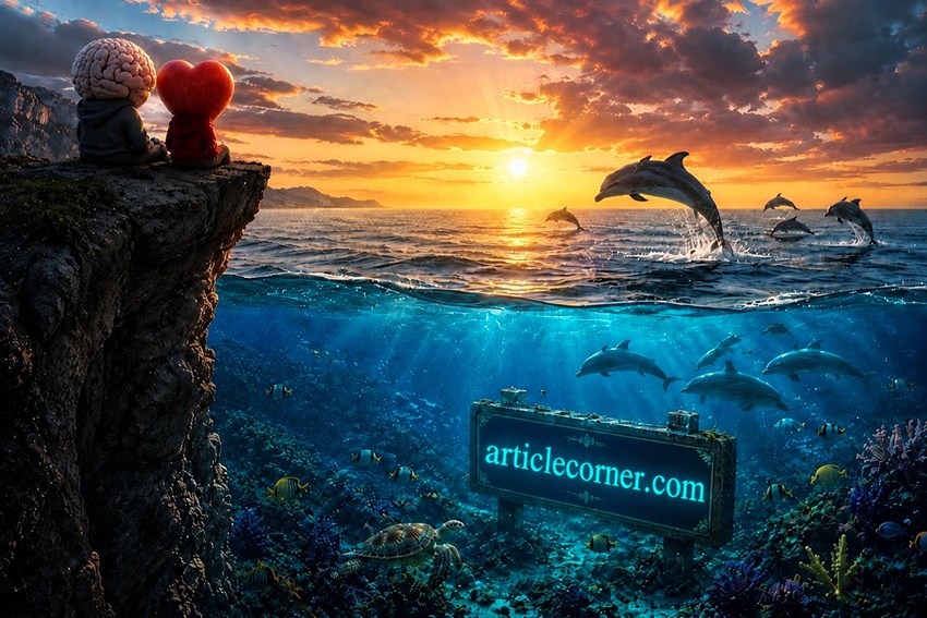 Brain and heart finding peace through gratitude while watching a breathtaking ocean sunset from a mountain peak, dolphins leaping above and below the crystal clear sea, a detailed underwater world with colorful coral reefs, and a navy blue underwater sign displaying articlecorner.com, symbolizing wisdom, gratitude, hope, and inner peace.
