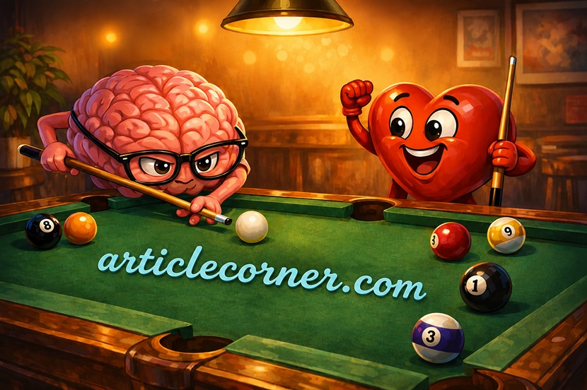 ArticleCorner.com illustration of a brain playing billiards while a cheerful heart watches, symbolizing focus, strategy, emotional balance, and mindful thinking.