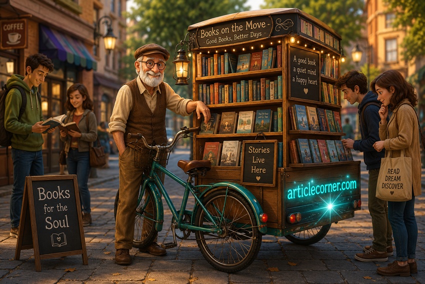 An elderly bookseller selling books from a bicycle turned into a mobile bookshop while people browse the shelves on a city street, featured by ArticleCorner