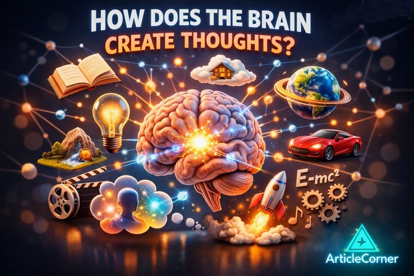 Cinematic 3D scientific visualization showing a realistic human brain generating thoughts through glowing neural networks and luminous electrical signals, surrounded by symbolic elements of creativity and knowledge, with a bright turquoise ArticleCorner logo in the lower right corner - articlecorner.com