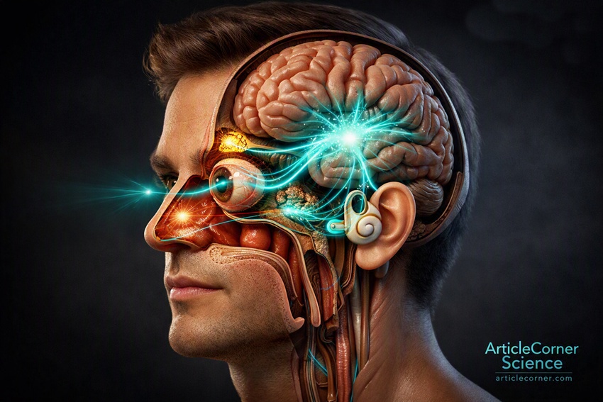3D scientific illustration showing how the eyes, ears, nose, and brain work together — realistic human head with anatomical cutaway revealing sensory organs and turquoise neural pathways connecting to the brain, ArticleCorner Science branding-articlecorner.com