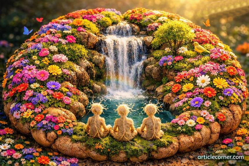 Realistic 3D brain garden with waterfall and neuron figures symbolizing mindfulness and mental harmony-articlecorner.com