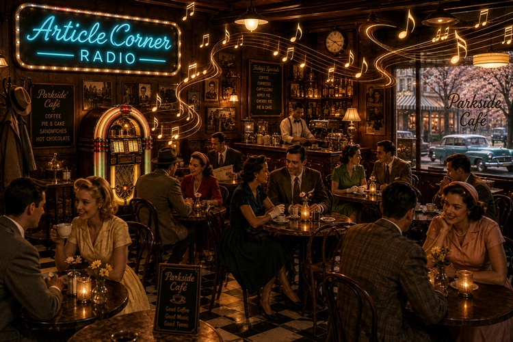 ArticleCorner Radio-Calm music-A radio is playing in a nostalgic café in 1950.