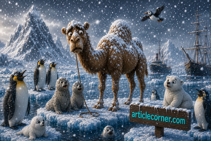 Surprised camel stranded on Arctic sea ice surrounded by penguins and polar bears during heavy snowfall, 3D animated illustration with ArticleCorner.com sign