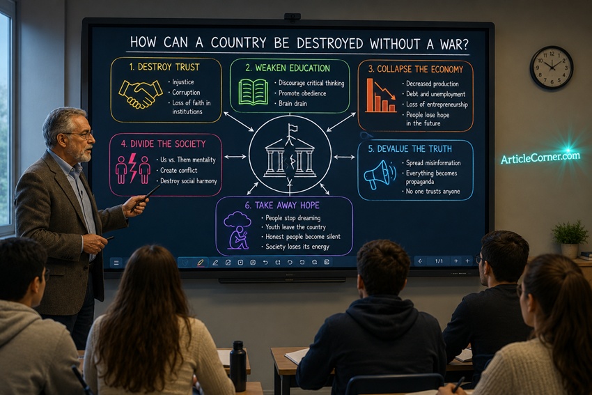 A university history professor is explaining an article written by Article Corner on the topic of how a country can be brought down without a war-articlecorner.com