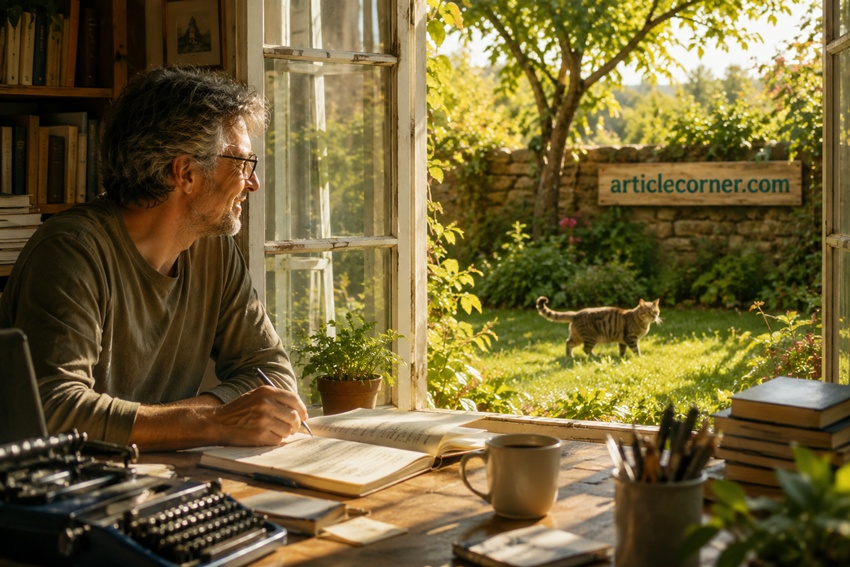 A writer smiles while watching a cat roam freely in a sunny garden through an open window, drawing inspiration for an article about living like a cat | ArticleCorner.com