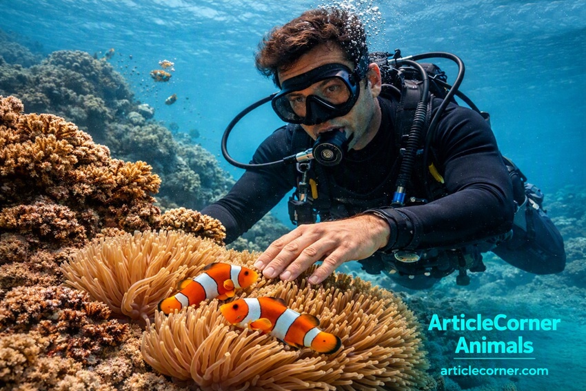 Scuba diver observing clownfish in sea anemone underwater – ArticleCorner Animals-articlecorner.com.