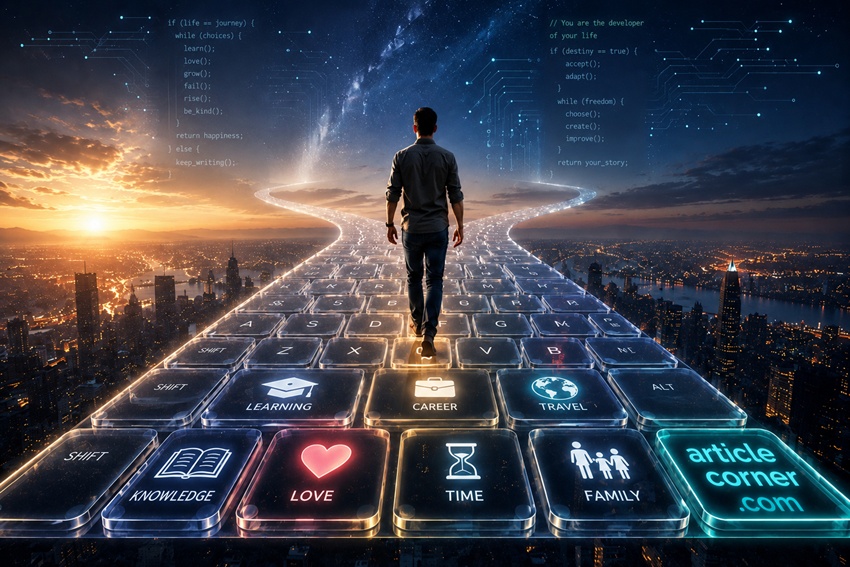 The Code of Life Between Destiny and Choice-Man walking across a glowing keyboard above a city symbolizing the code of life and personal choices on articlecorner.com-future life photo