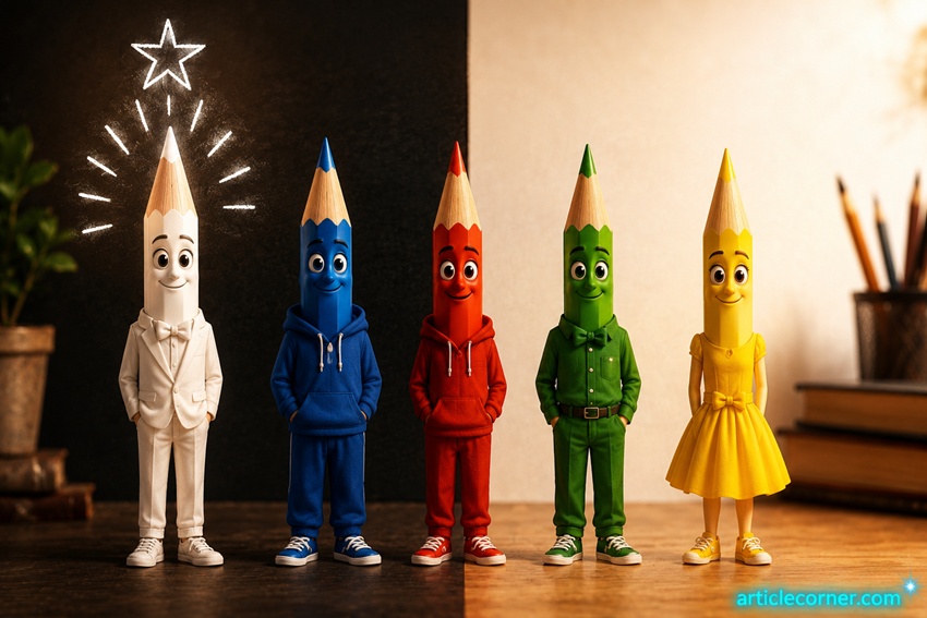 Animated colored pencil characters on black and white backgrounds illustrating a life metaphor about talent, environment, and personal growth by ArticleCorner