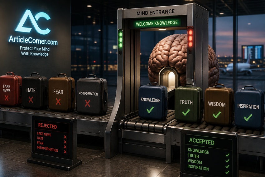 ArticleCorner digital literacy illustration featuring a realistic airport style brain security checkpoint that filters knowledge, truth and misinformation before information enters the mind.