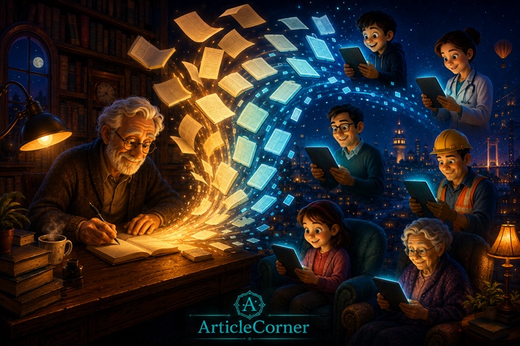 Animated illustration of a writer's book transforming from printed pages into digital books, symbolizing the journey of knowledge from paper to screen by ArticleCorner