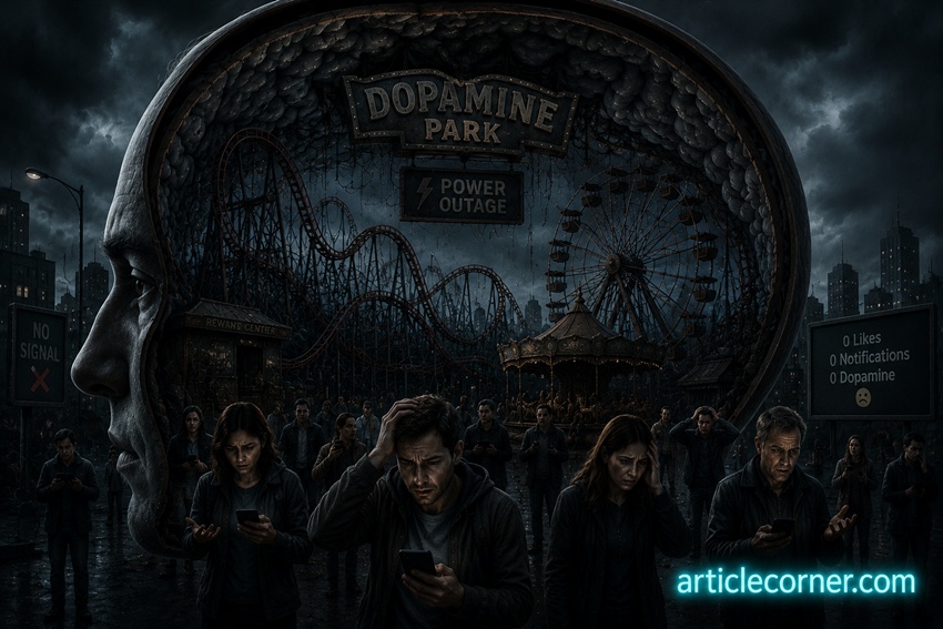 A World Without Dopamine concept showing a human brain as a dark abandoned amusement park after a power outage, distressed people staring at powerless smartphones, symbolizing social media addiction, dopamine withdrawal, digital dependence, and the psychology of the modern mind, ArticleCorner.com