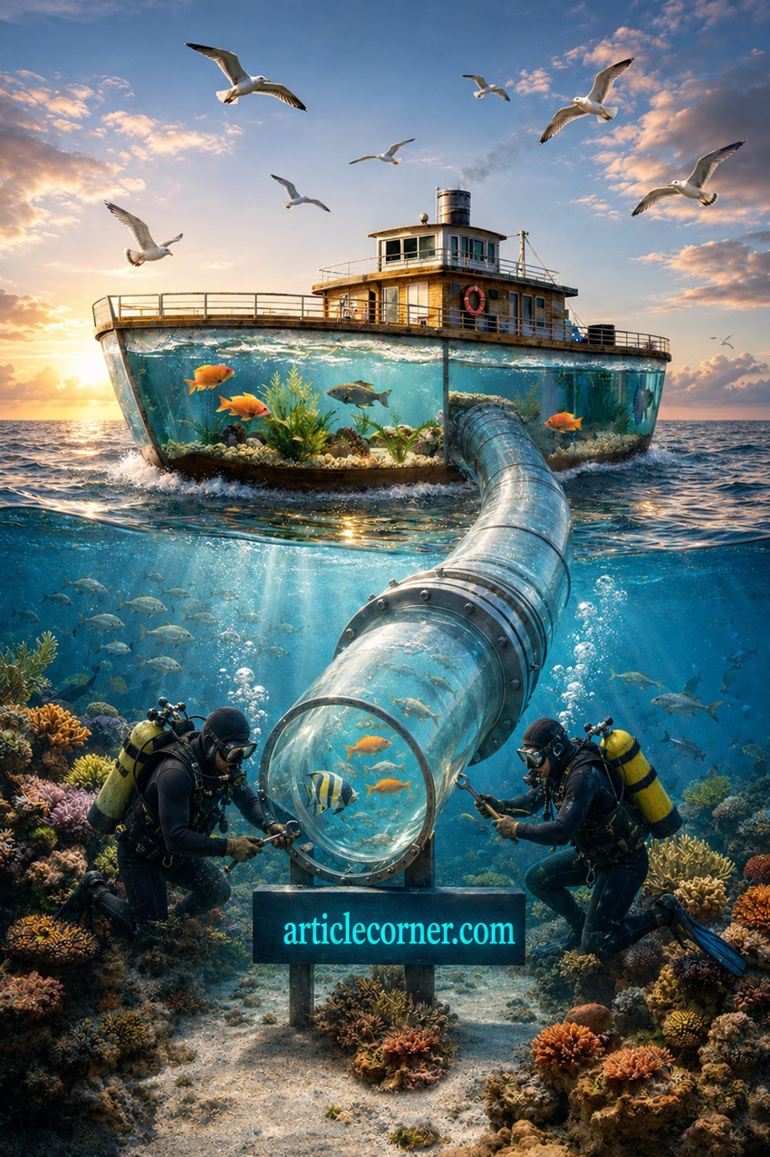 Realistic underwater aquarium ship connected by a transparent tunnel as two scuba divers repair the structure beneath the sea, colorful tropical fish, coral reef, flying seagulls at sunset and articlecorner.com sign representing science, engineering and marine exploration.