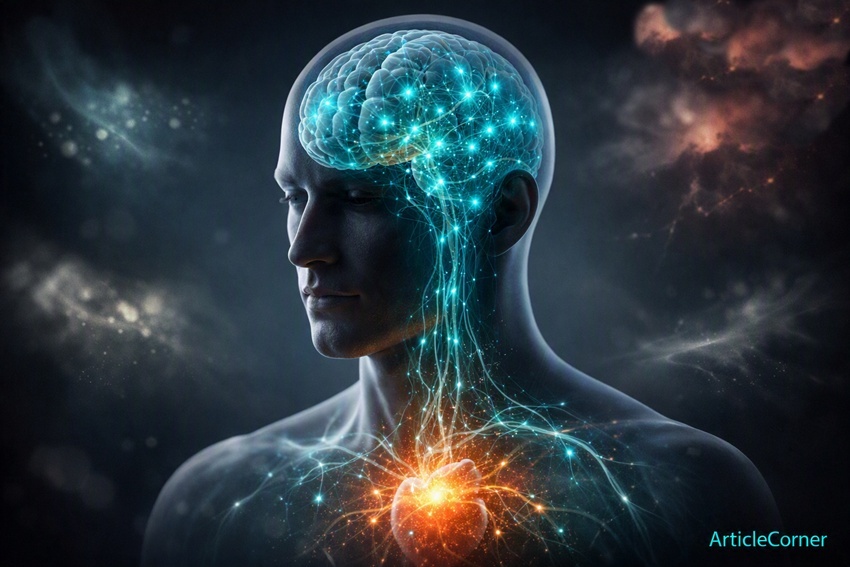 Cinematic 3D visualization of human emotions showing glowing turquoise neural networks connecting brain and heart for ArticleCorner Mind - Dr. Mind
