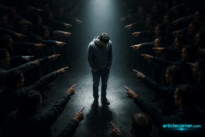 A person standing alone while being judged by a crowd, symbolizing empathy, public shaming, and the importance of understanding before judgment. ArticleCorner.