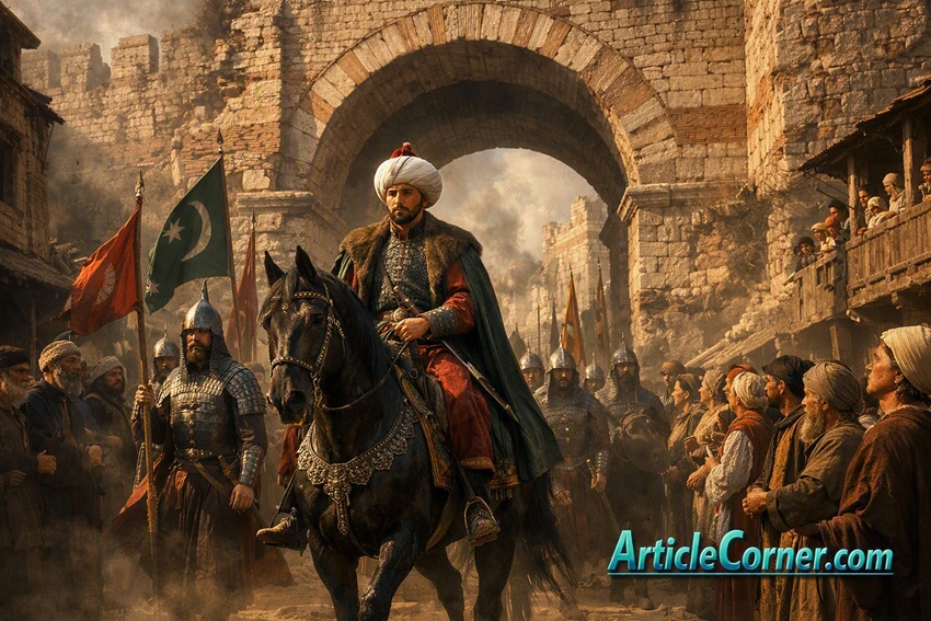 Ultra realistic cinematic historical scene of Sultan Mehmed II entering Constantinople on May 29, 1453, riding a dark horse through the damaged Byzantine city gates surrounded by Ottoman soldiers and citizens, with golden morning light and a turquoise ArticleCorner.com logo